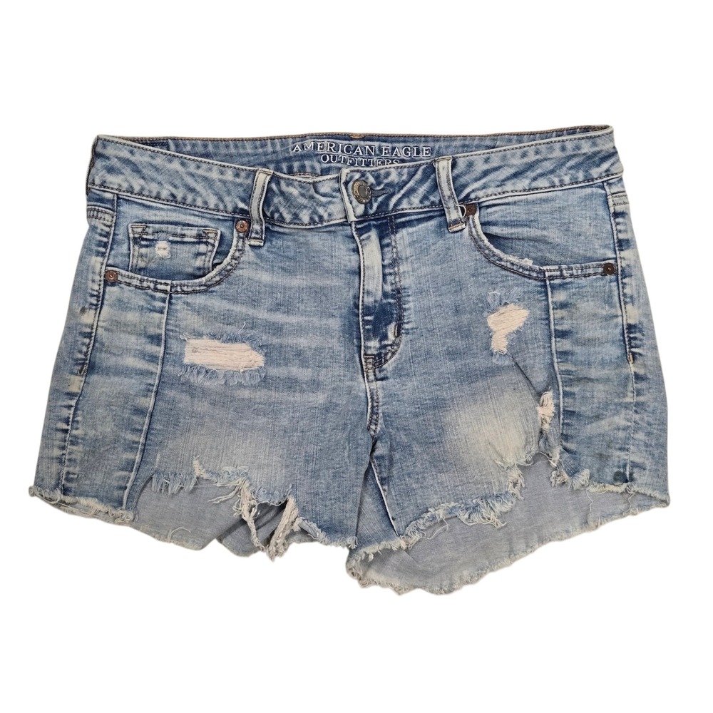 American Eagle MIDI Cutoff Denim Shorts Sz 14 Light Wash Distressed Raw Hem 32x4
